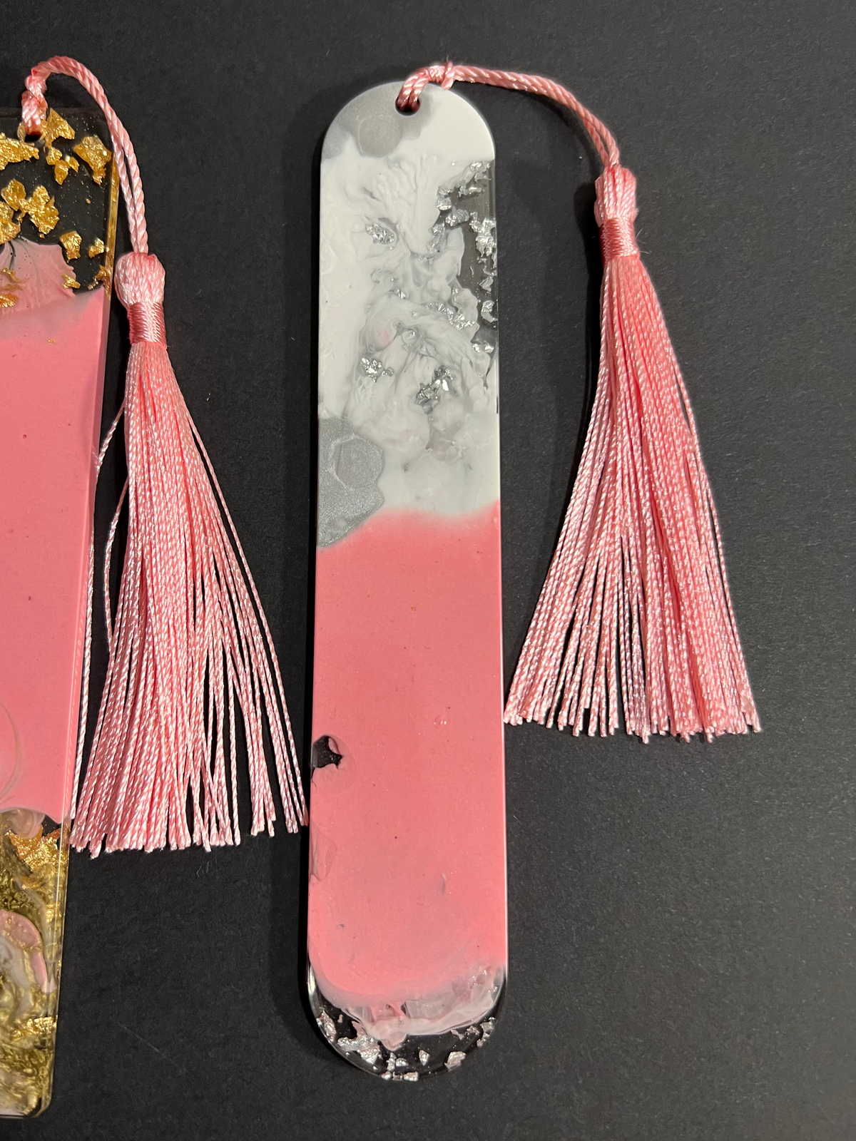 Pink White and Silver Sparkle Swirl Resin Bookmark small