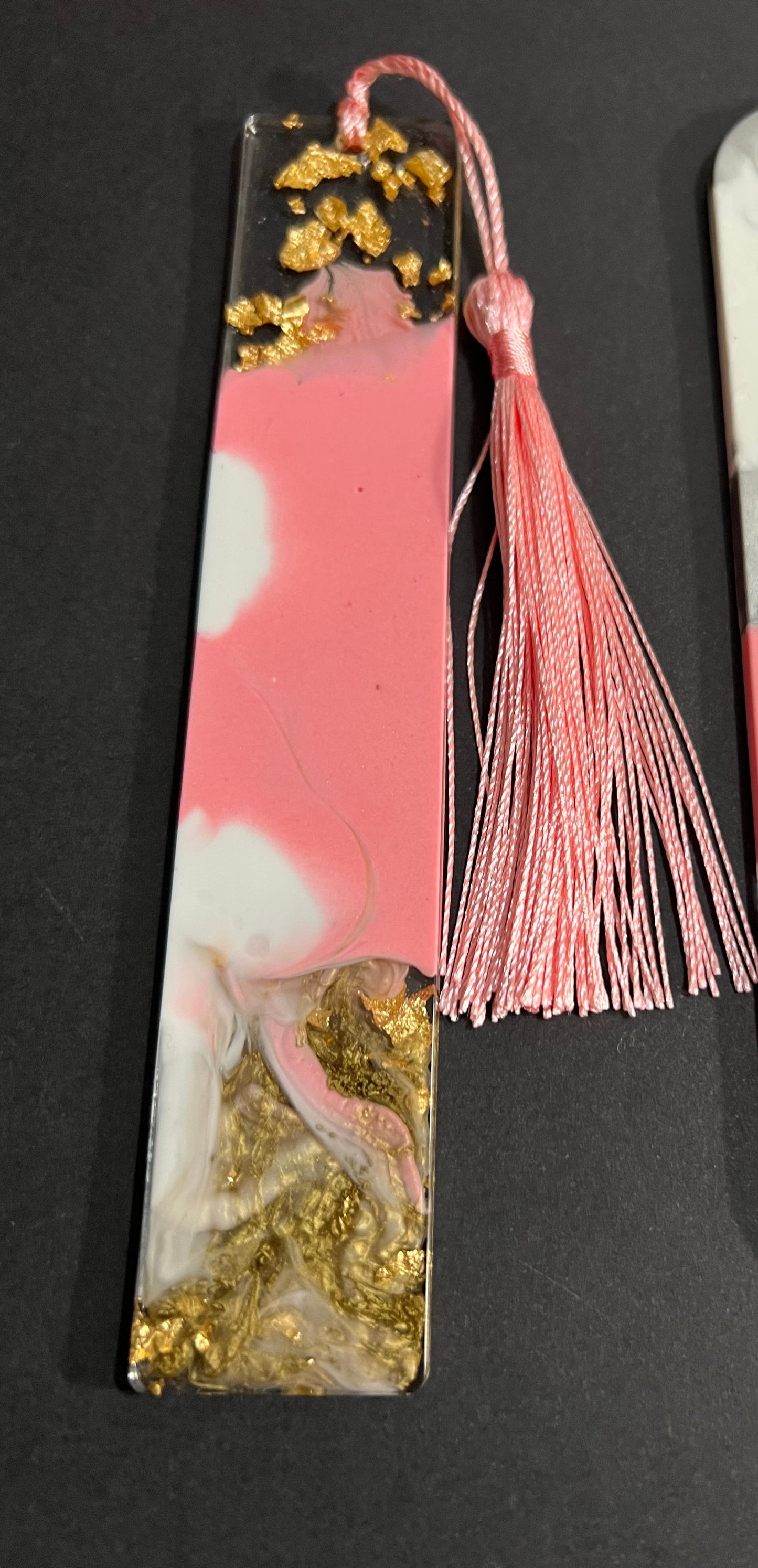Pink White and Gold Sparkle Swirl Resin Bookmark small
