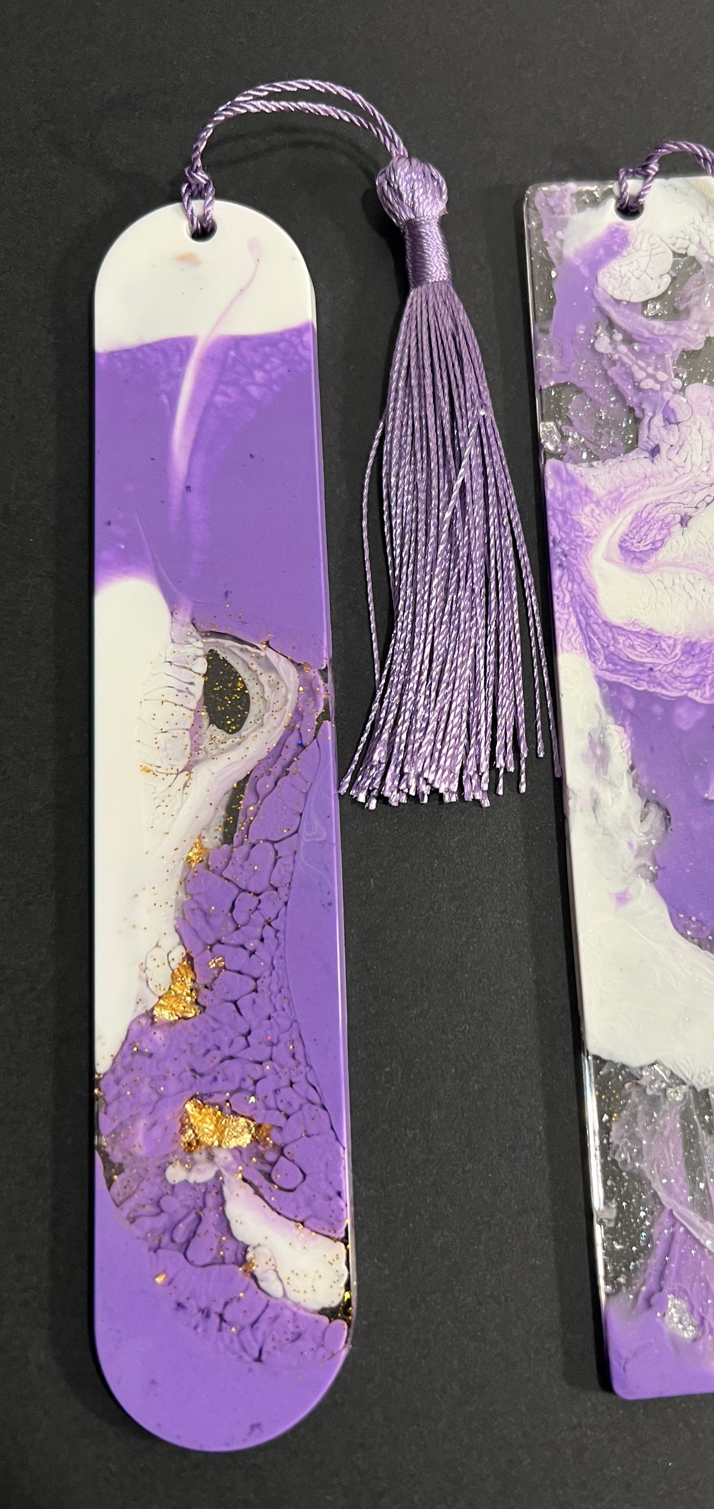 Purple White and Gold Sparkle Swirl Resin Bookmark small