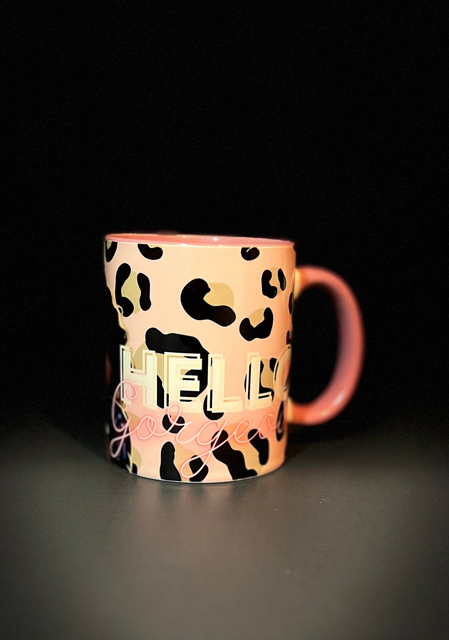 Hello Gorgeous 11oz Ceramic Mug with pink handle and inside