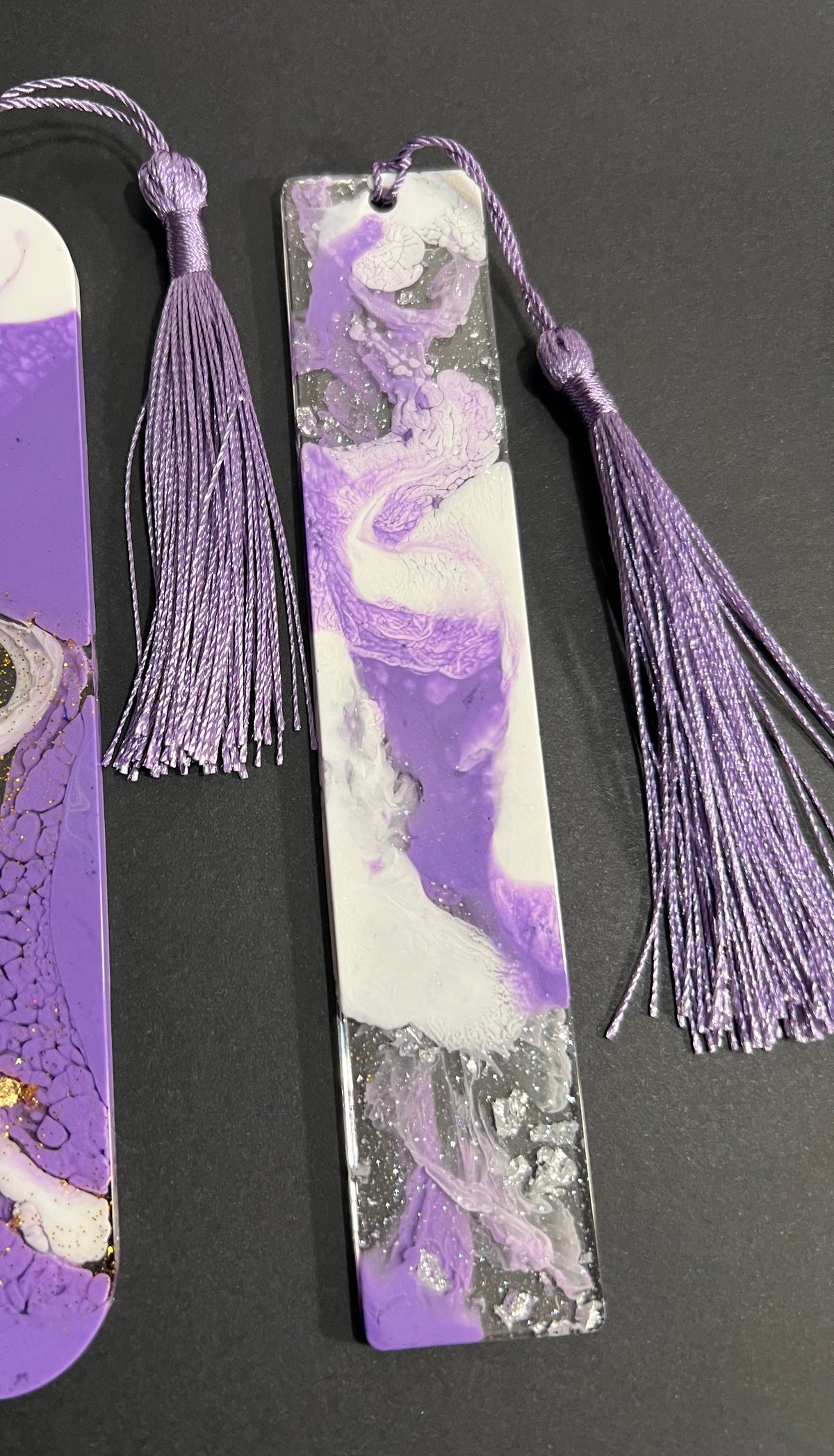 Purple White and Silver Sparkle Swirl Resin Bookmark small
