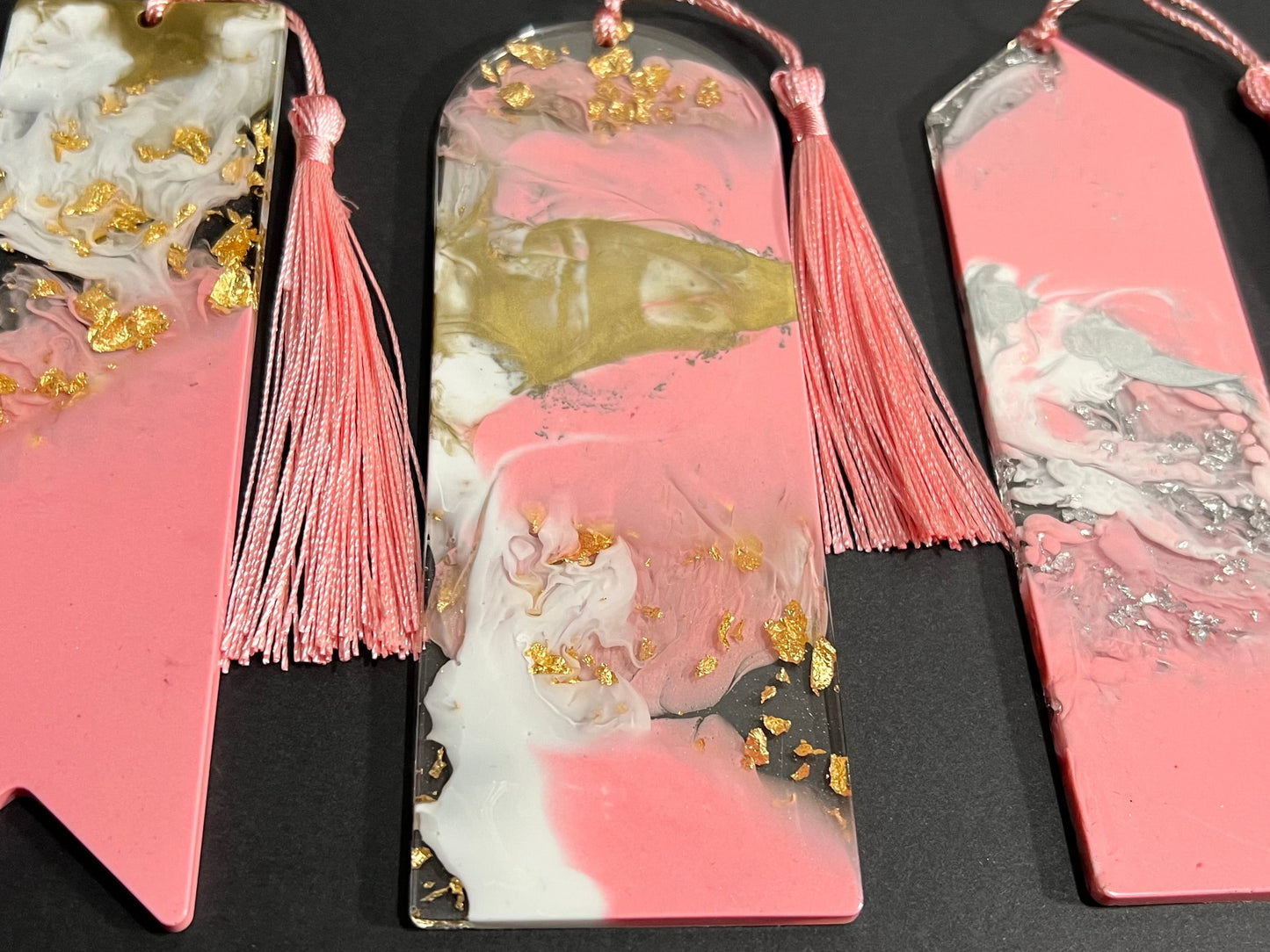 Pink White and Gold Sparkle Swirl Resin Bookmark large