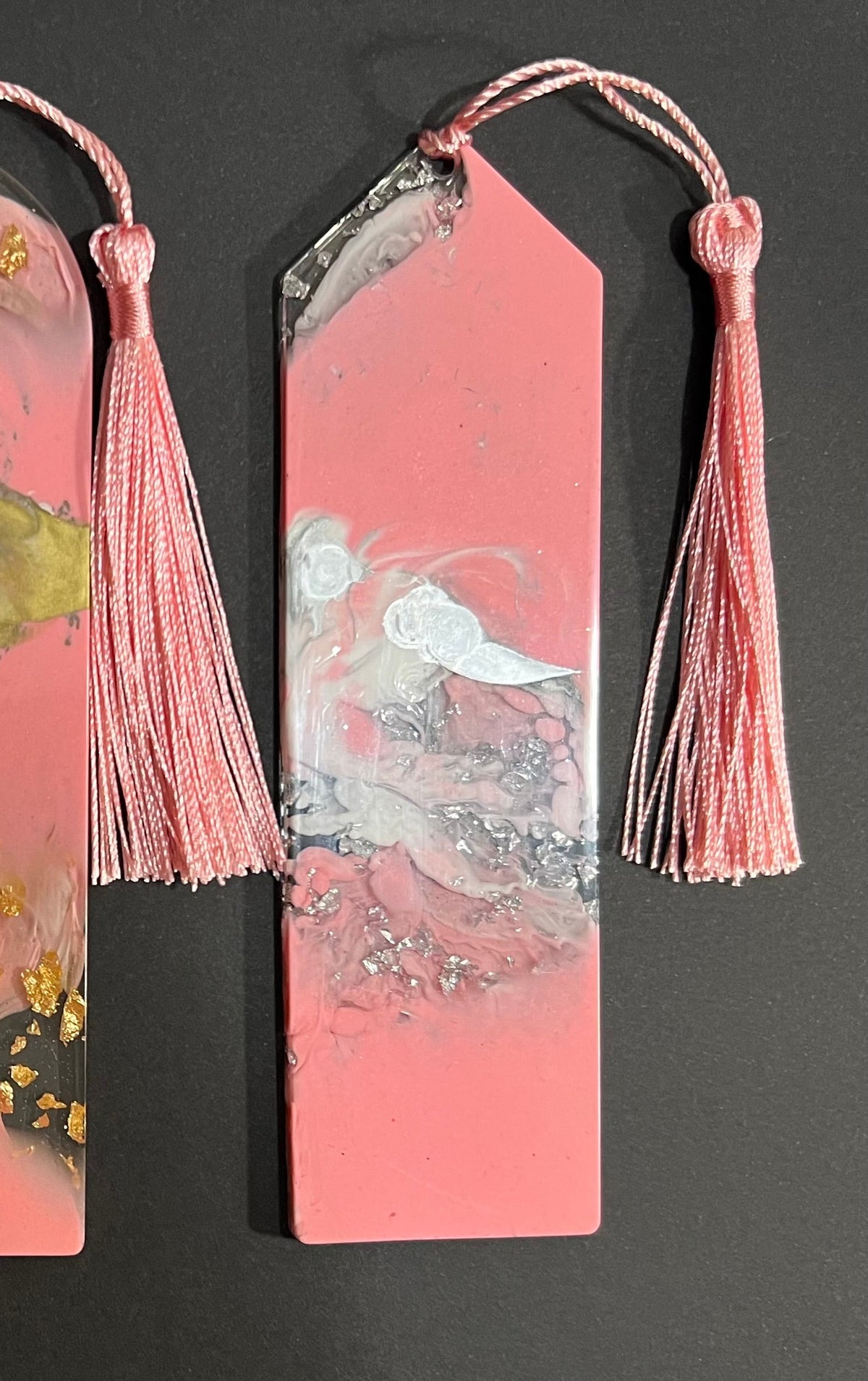 Pink White and Silver Sparkle Swirl Resin Bookmark large
