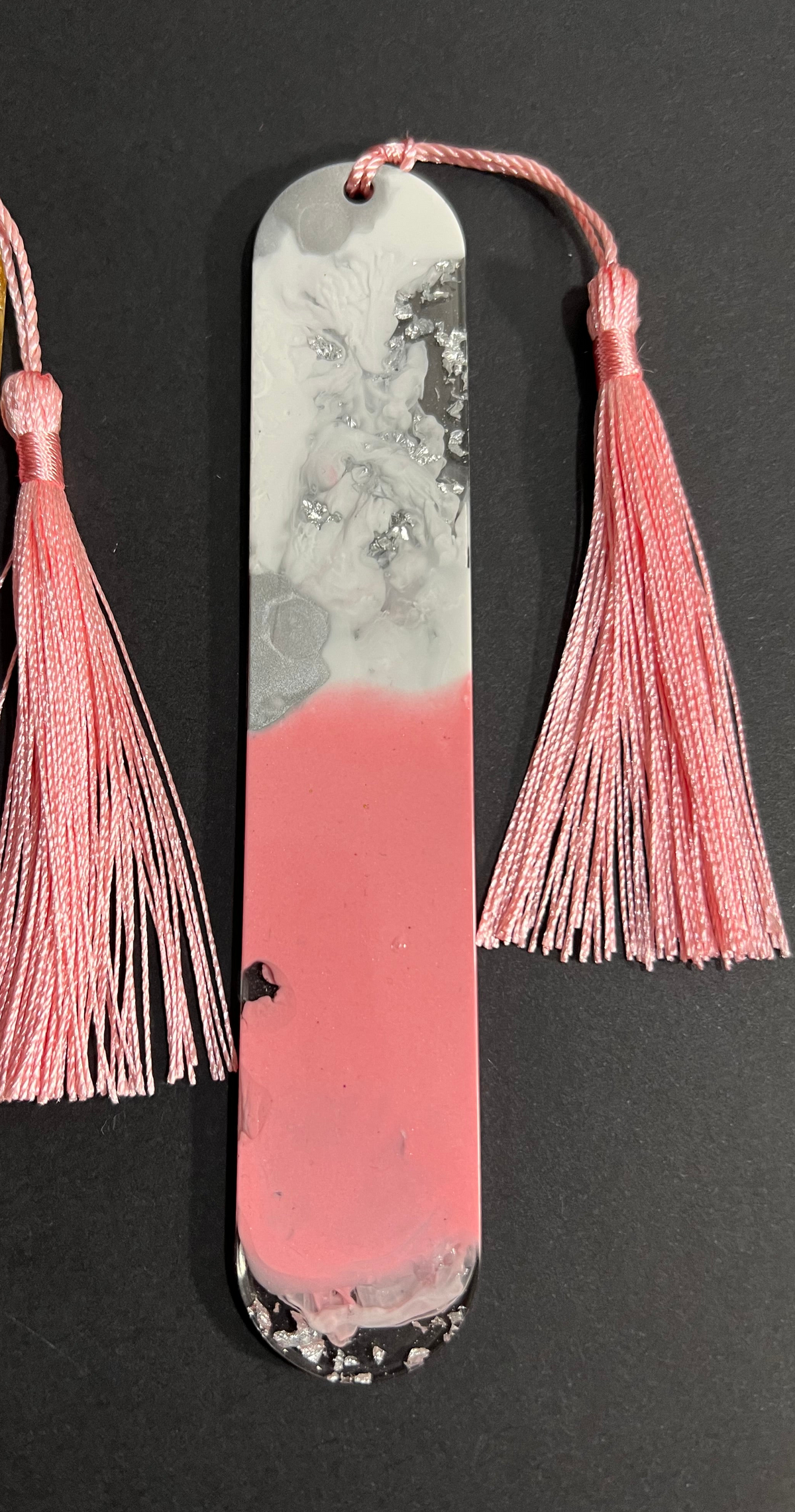 Pink White and Silver Sparkle Swirl Resin Bookmark small