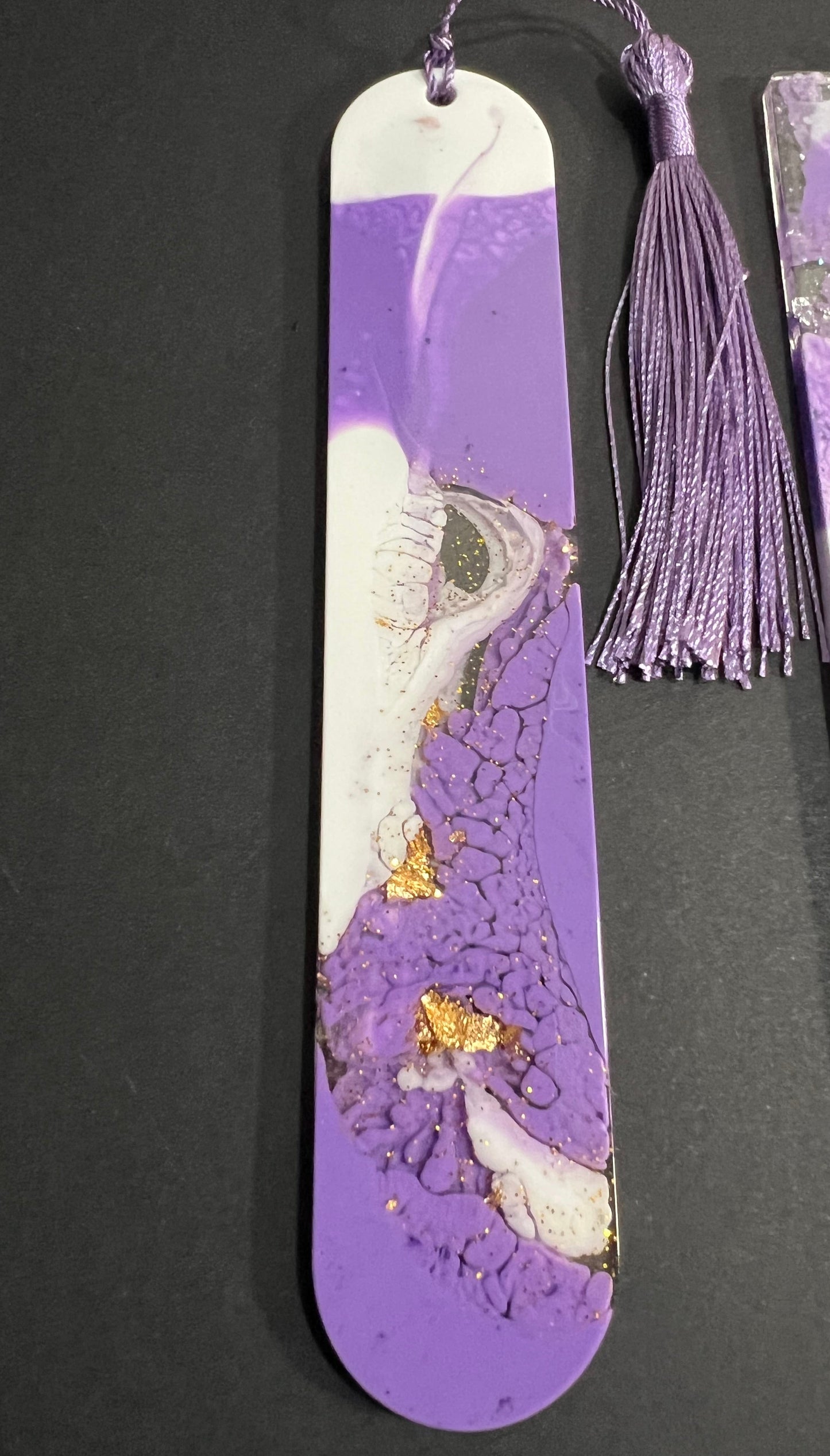 Purple White and Gold Sparkle Swirl Resin Bookmark small
