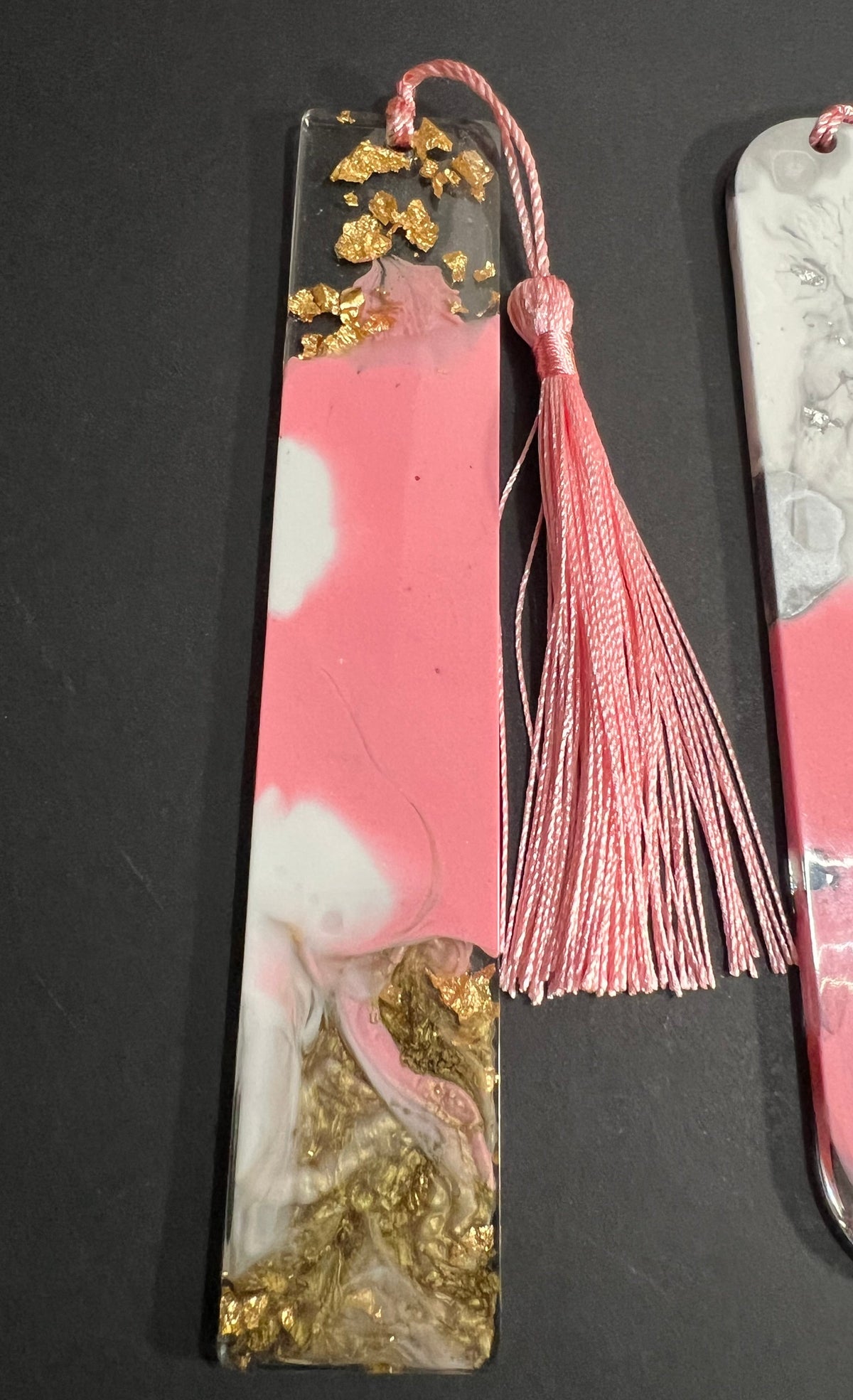 Pink White and Gold Sparkle Swirl Resin Bookmark small