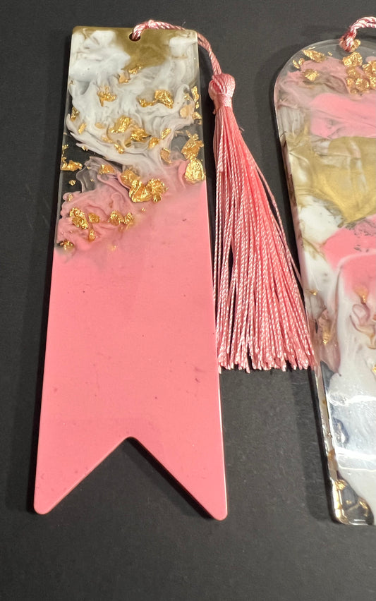 Pink White and Gold Sparkle Swirl Resin Bookmark large