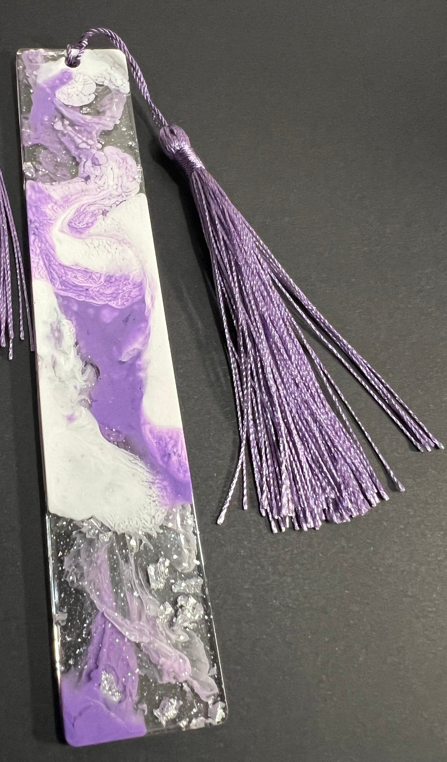 Purple White and Silver Sparkle Swirl Resin Bookmark small
