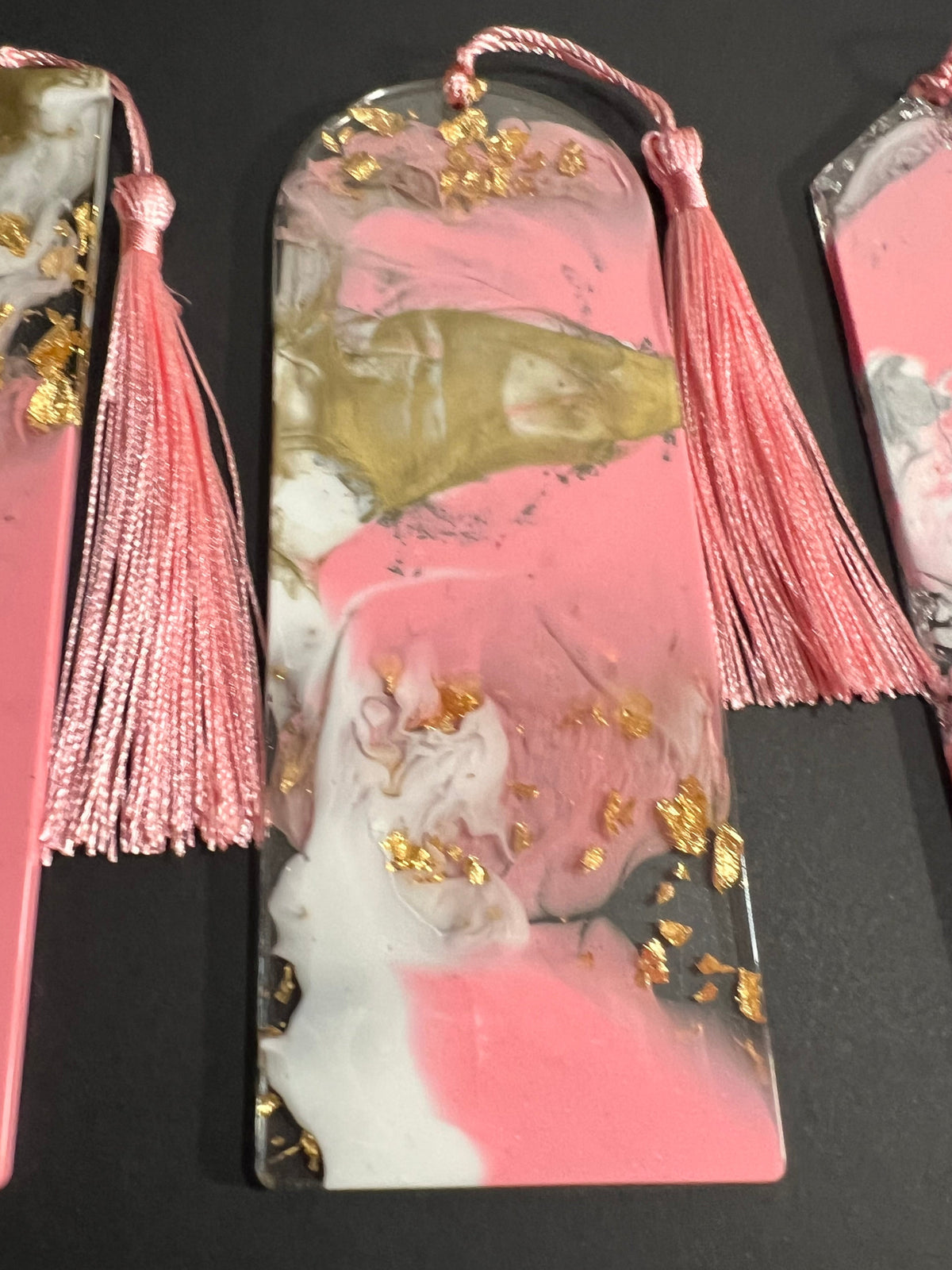 Pink White and Gold Sparkle Swirl Resin Bookmark large