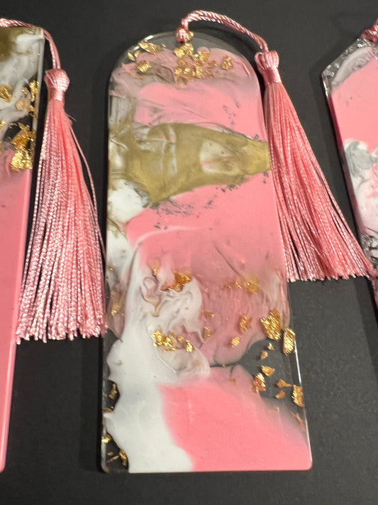 Pink White and Gold Sparkle Swirl Resin Bookmark large