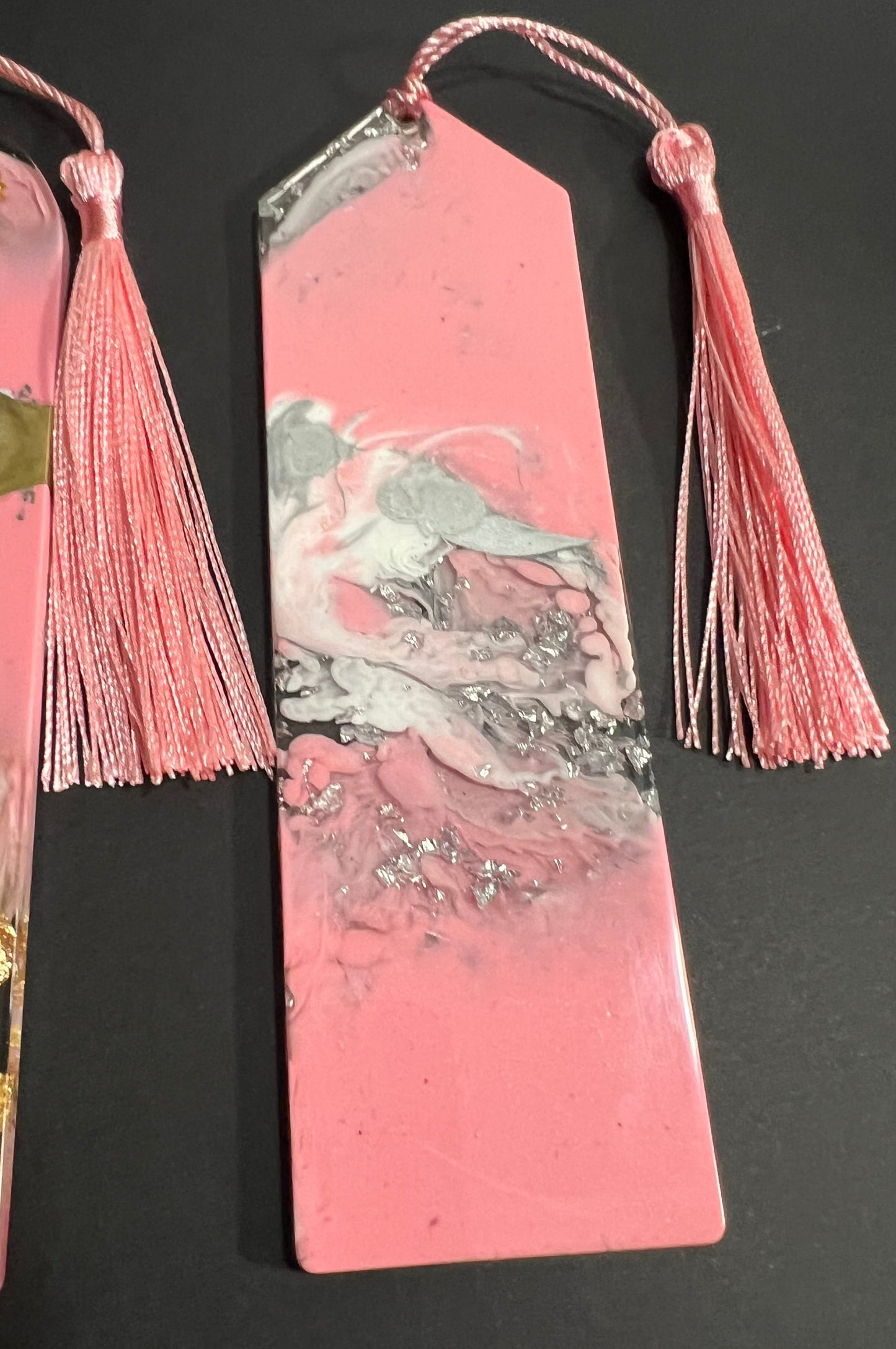 Pink White and Silver Sparkle Swirl Resin Bookmark large